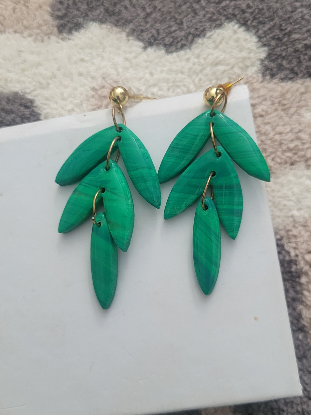 Handmade Polymer Clay Enerald Green Leaf Dangle Earrings